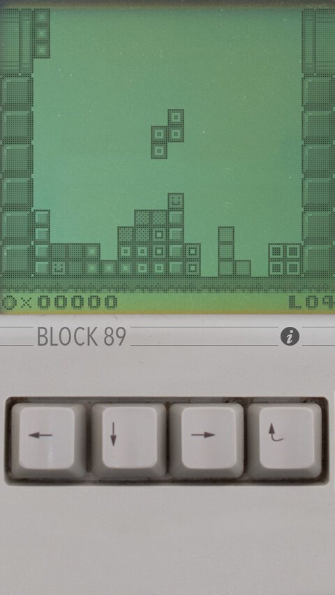Block 89 version 1 from 2012: green dot-matrix LCD with a mid-game stack and photographed keyboard keys as buttons