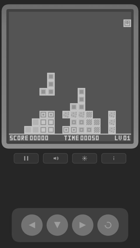 Block 89 in dark mode, 2026: inverted monochrome display, mid-game stack on black