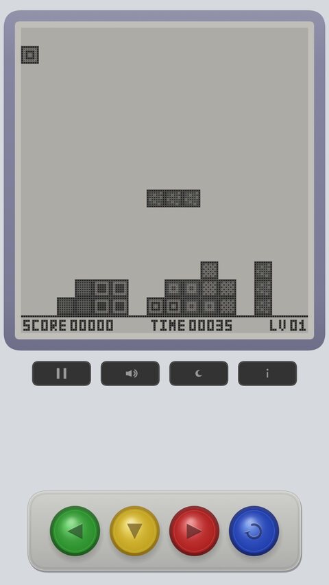 Block 89 in light mode, 2026: grey dot-matrix LCD in a purple-grey bezel, mid-game stack, four colourful round buttons